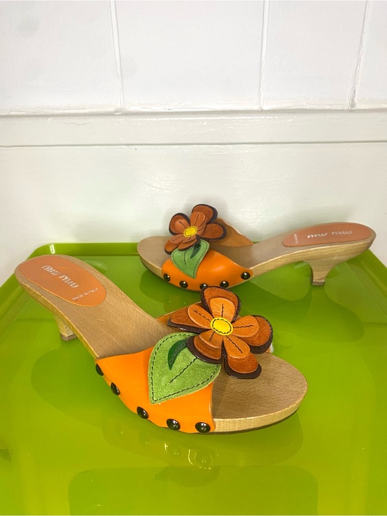 Miu Miu Shoes - Miu Miu Orange Floral Appliqué Leather wooden kitten heel sandals